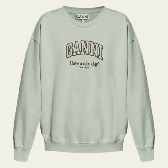 Ganni Tops - New GANNI Green Logo Crewneck Sweatshirt “Have A Nice Day! Please Recycle” L/XL
